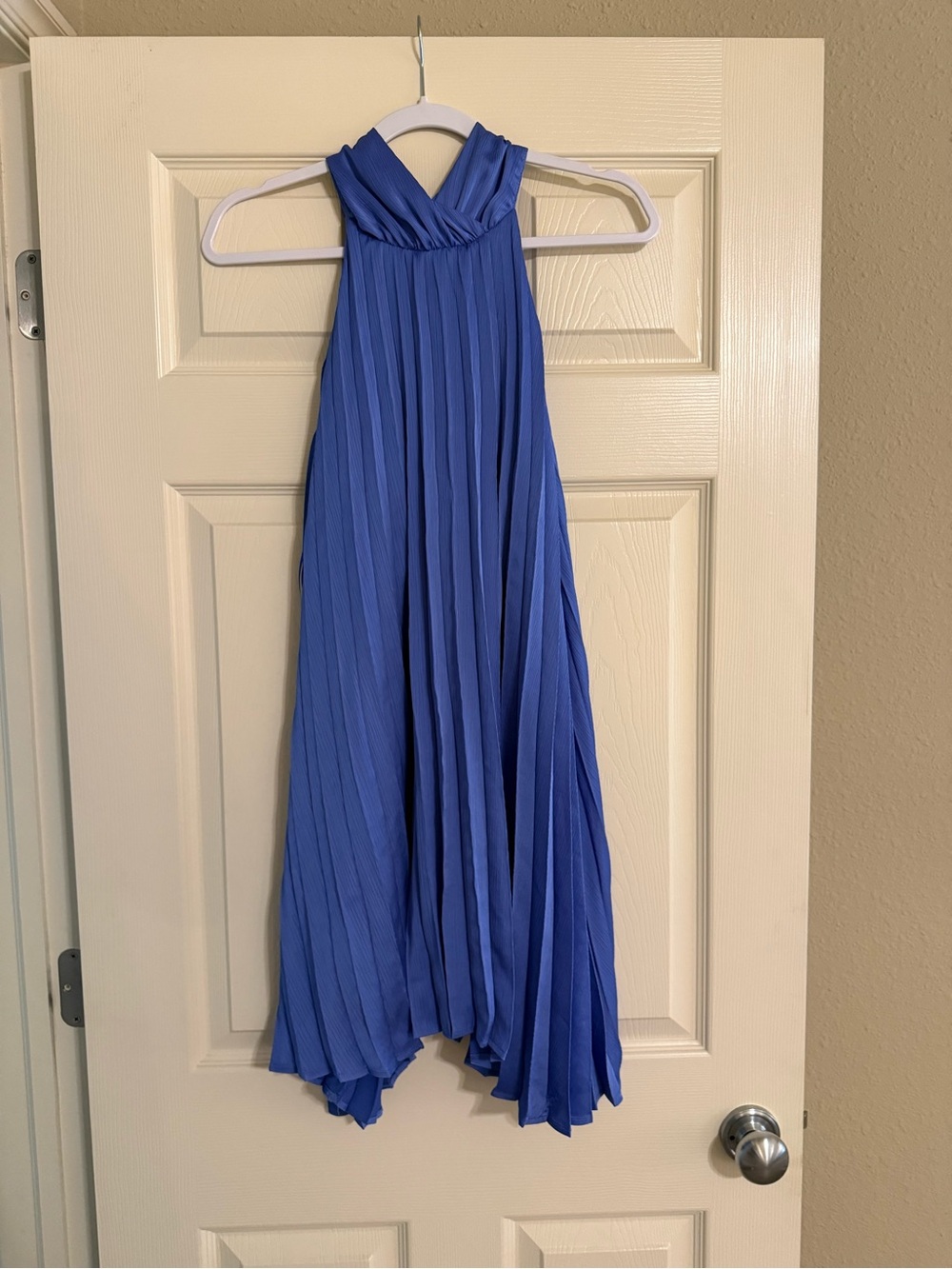 Skies Are Blue Pleated Halter Mini Dress in Cobalt Blue
